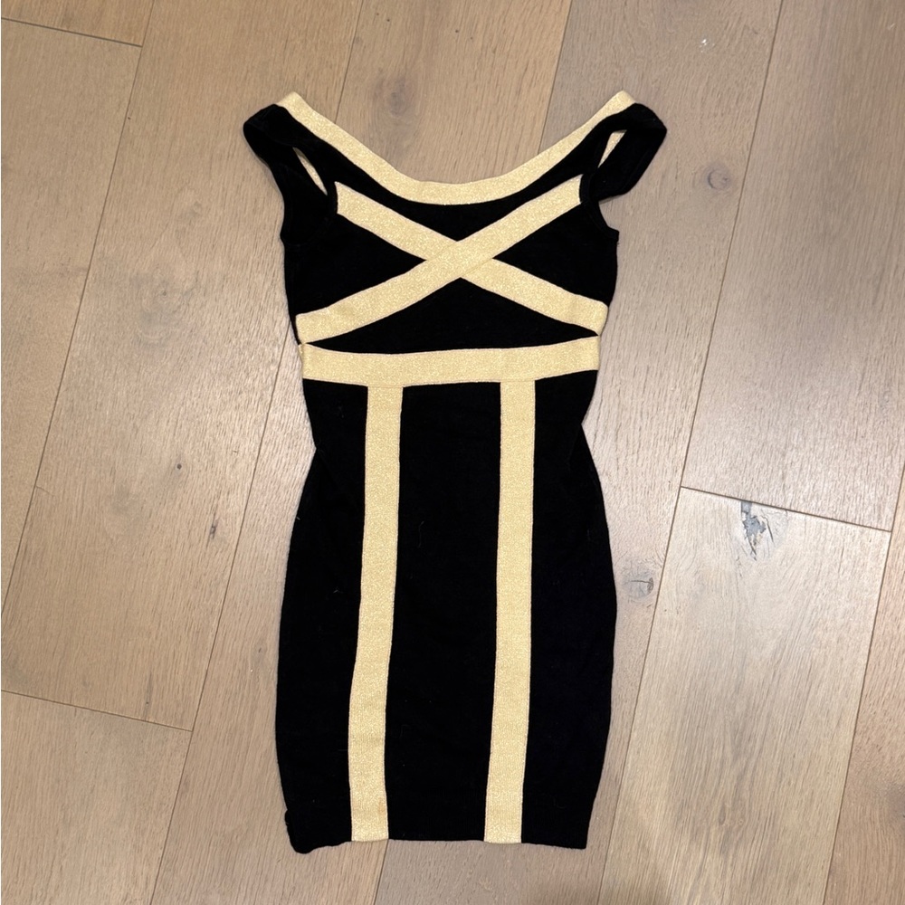 Bebe Black and Cream Bodycon Cocktail Dress